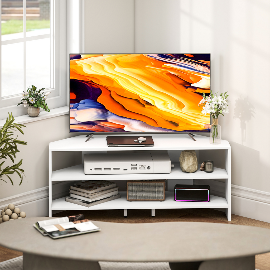 White corner TV stand with open shelves for media devices