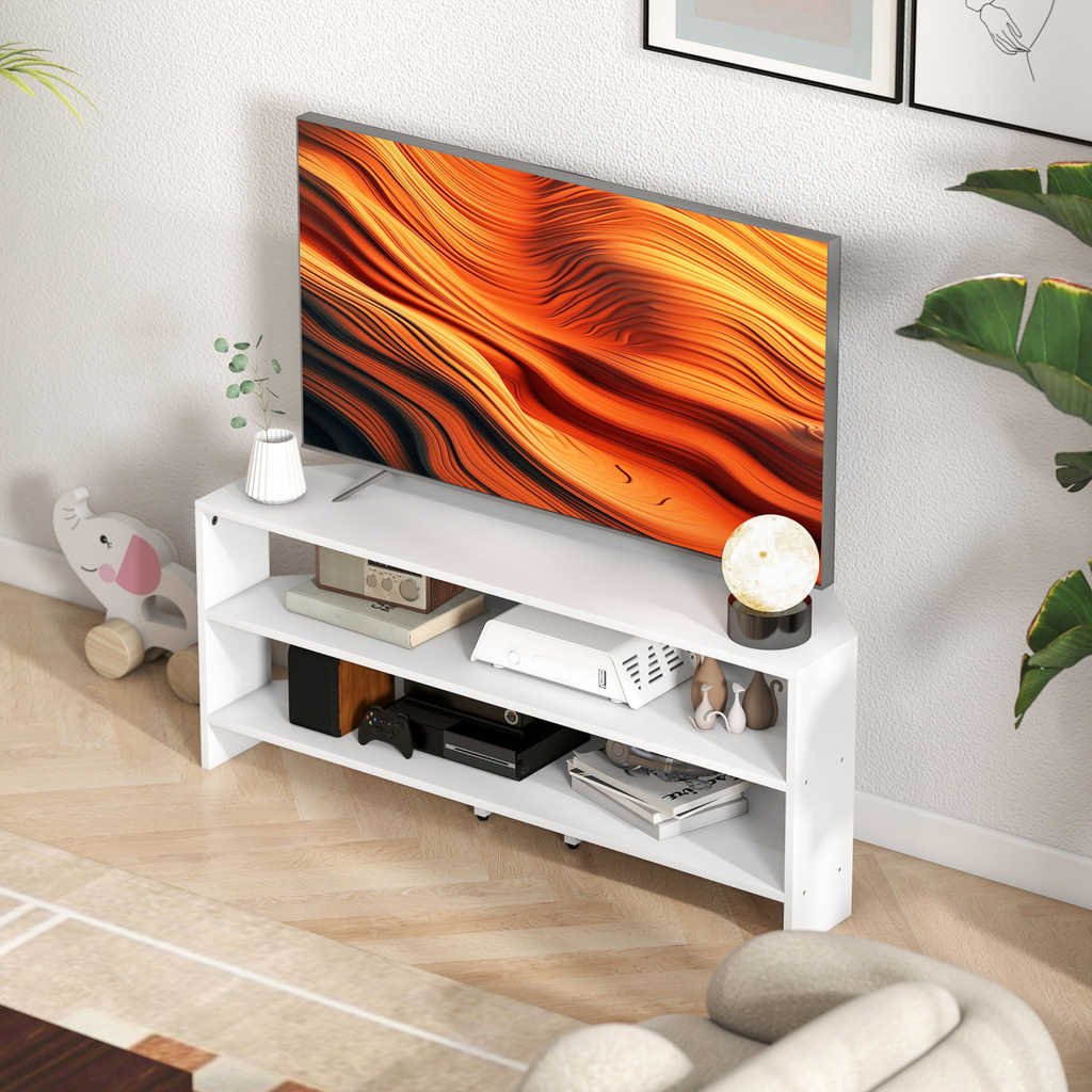 White corner TV console with three open shelves for electronics
