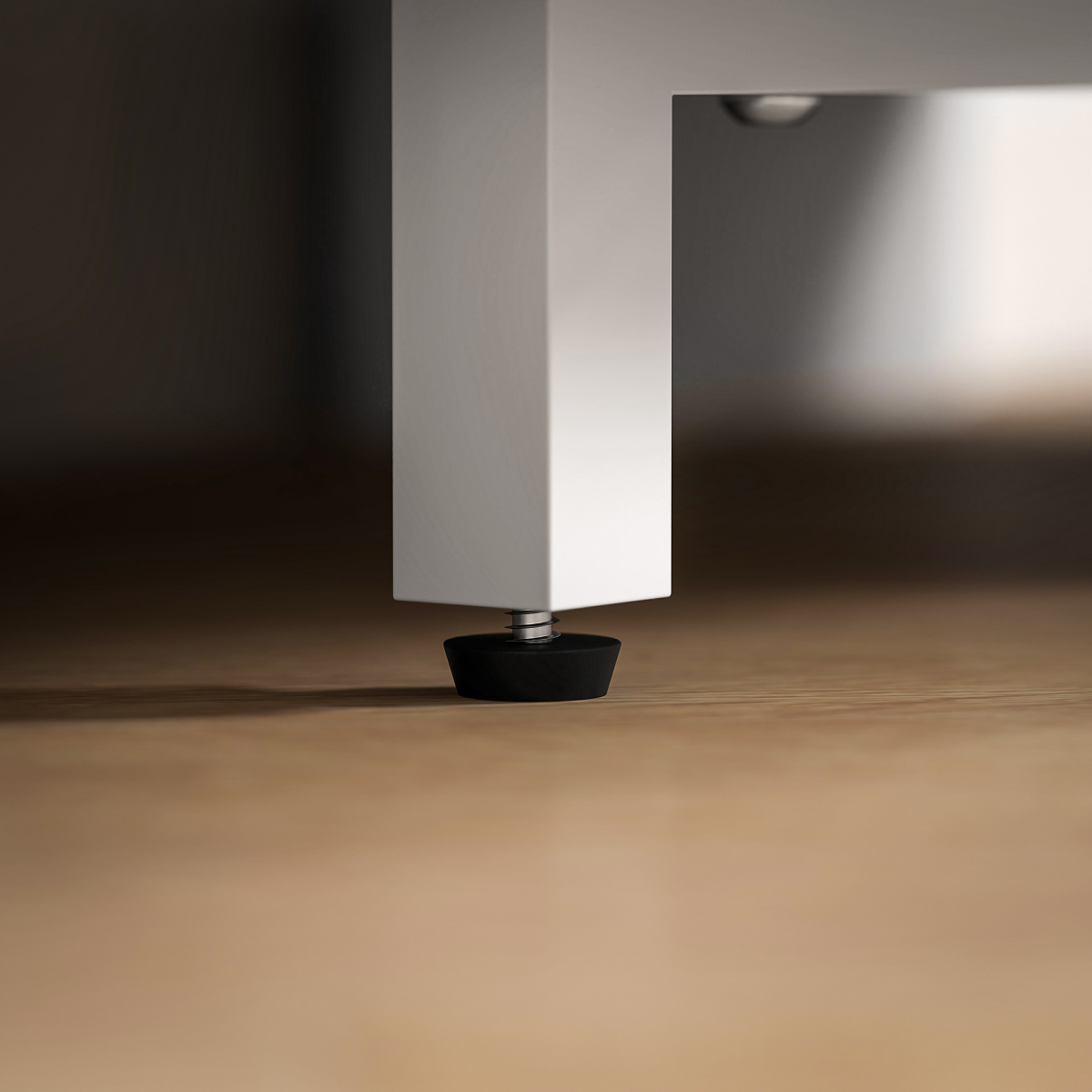 Corner TV stand base with white panel and black leveling foot