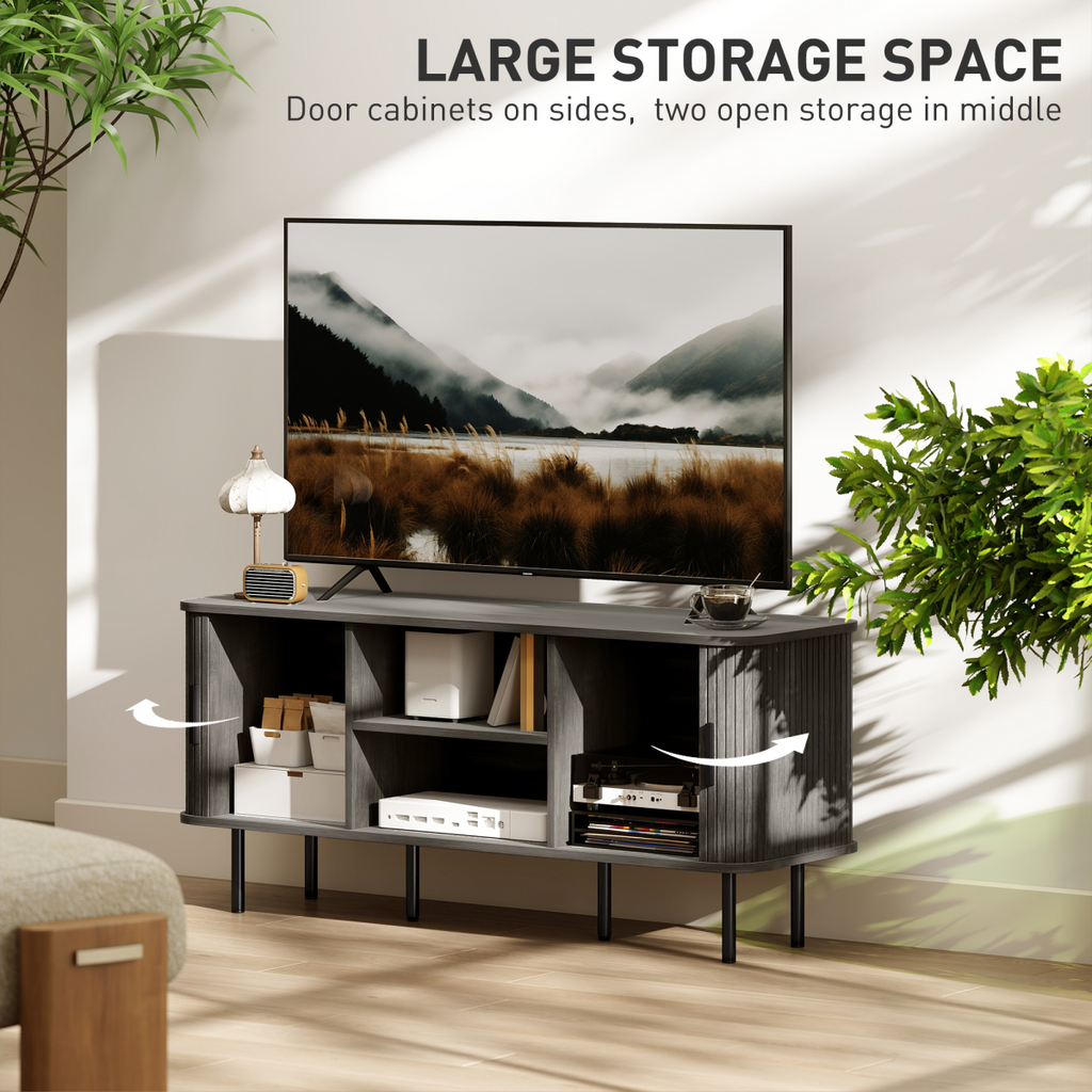 TV console with open storage compartments, wood-grain cabinet doors and metal legs