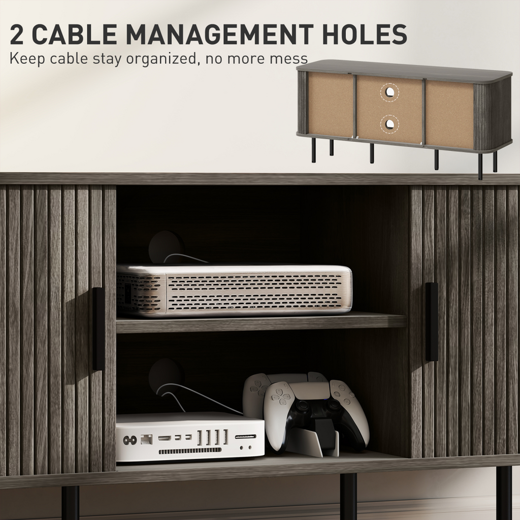 TV stand interior with cable management holes and shelves for devices
