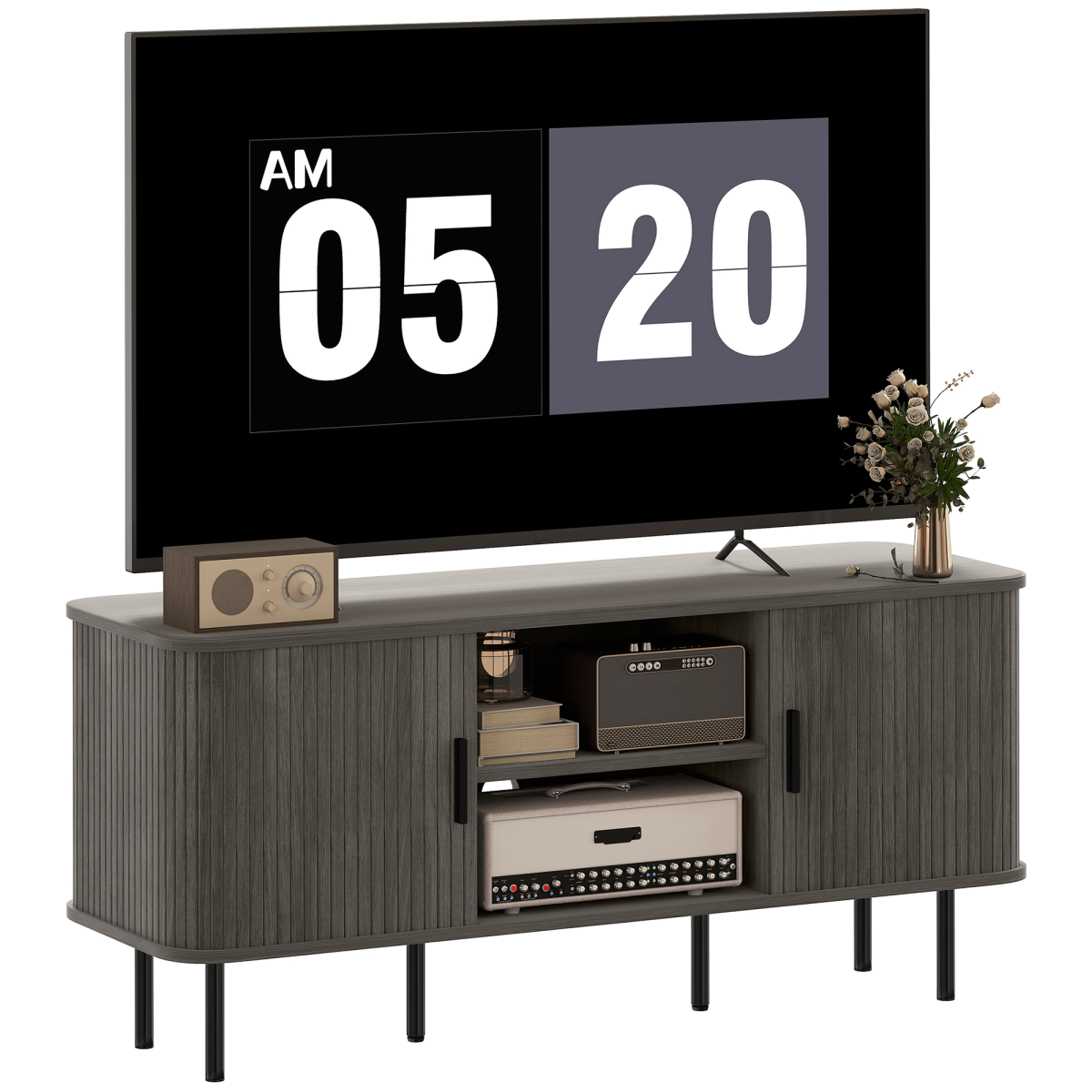 Grey TV stand with slatted sides, open media shelf, and center drawer