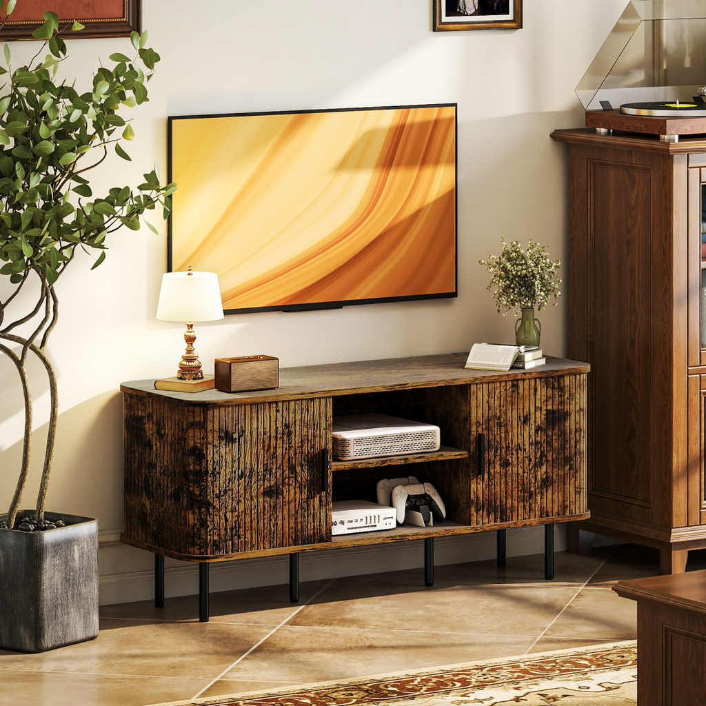 TV unit with open shelves and dark wood-grain cabinet doors, metal legs
