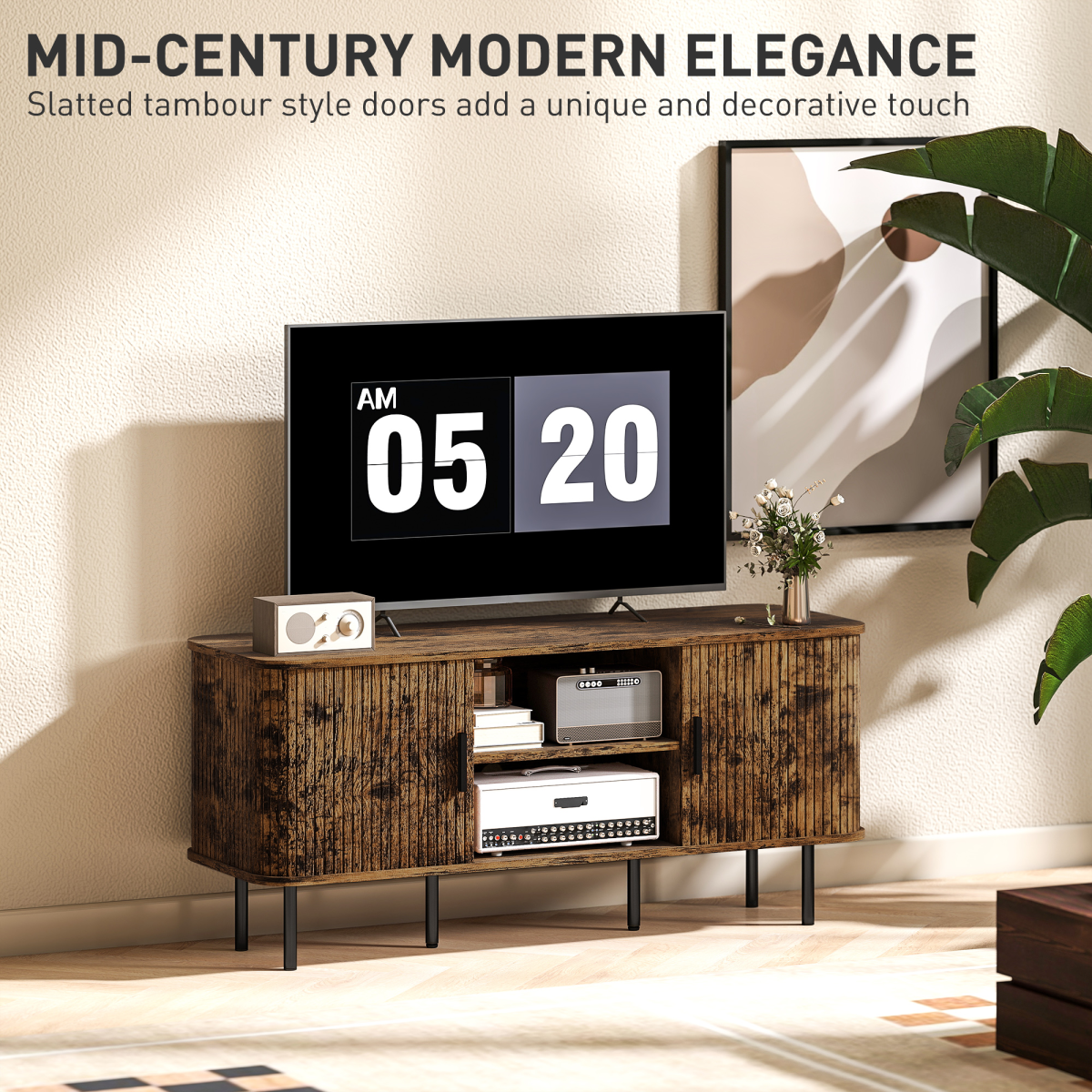 TV stand with slatted tambour-style doors and open middle shelf, metal legs