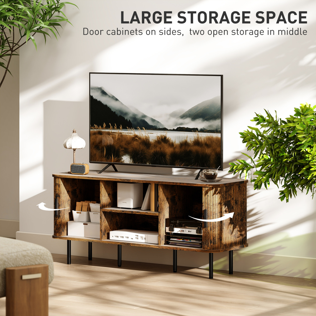 TV console with open compartments and cabinet doors on a metal base