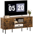 Wood TV console with two doors, open center shelf, and bottom drawer