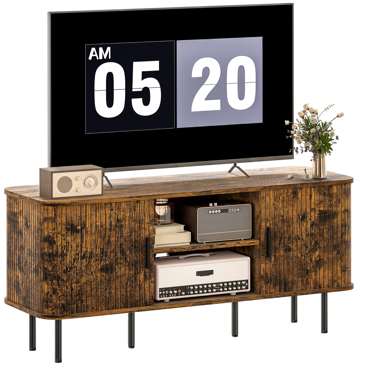Wood TV console with two doors, open center shelf, and bottom drawer