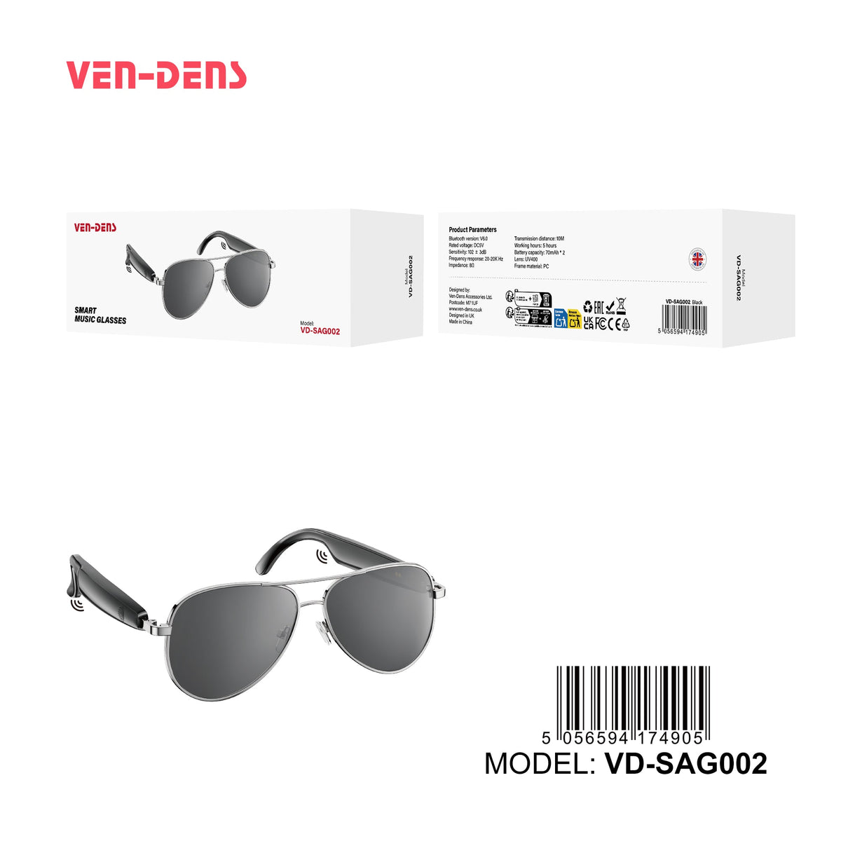 Smart music sunglasses with open-ear arms, dark tinted lenses, Model VD-SAG002