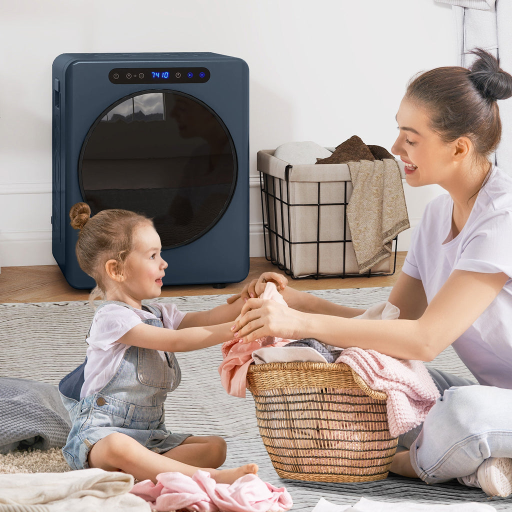 Blue compact tumble dryer in a living room with child and adult nearby