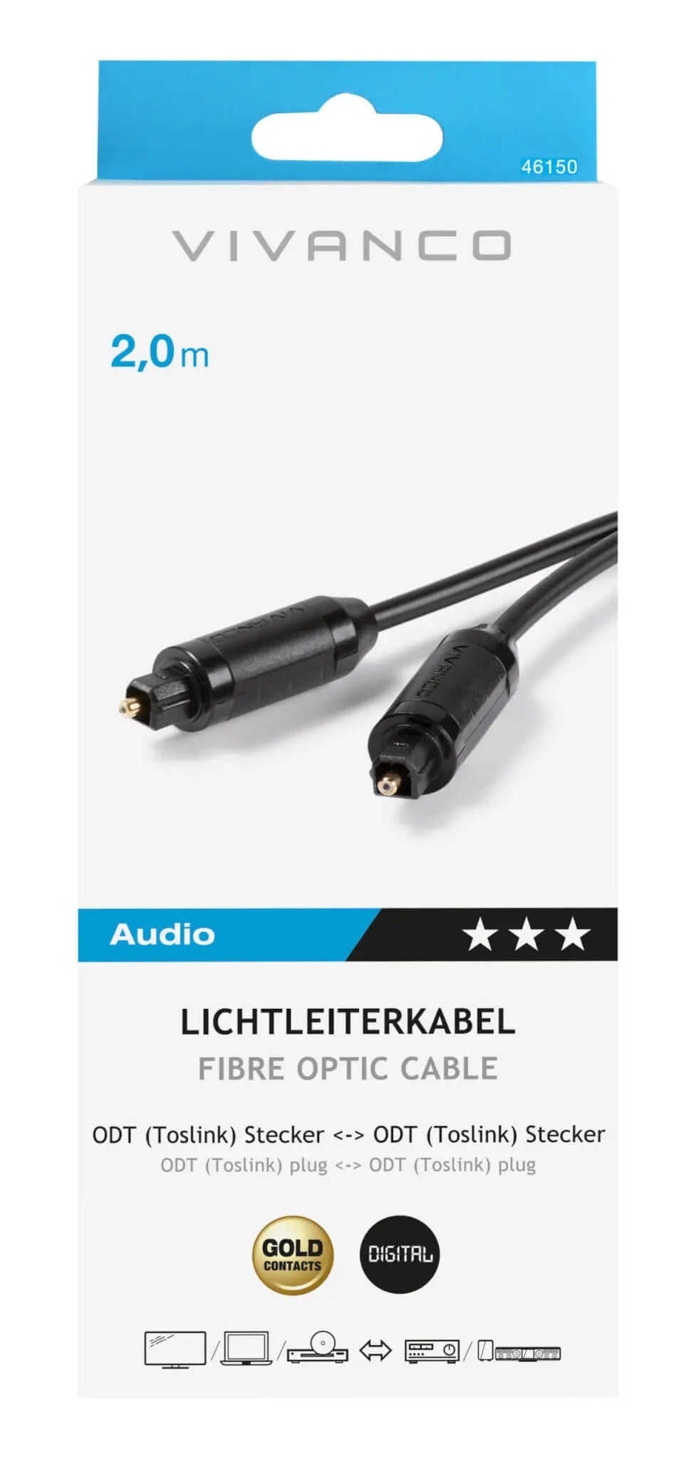 VIVANCO 2 m digital optical (Toslink) audio cable lead in retail pack, black