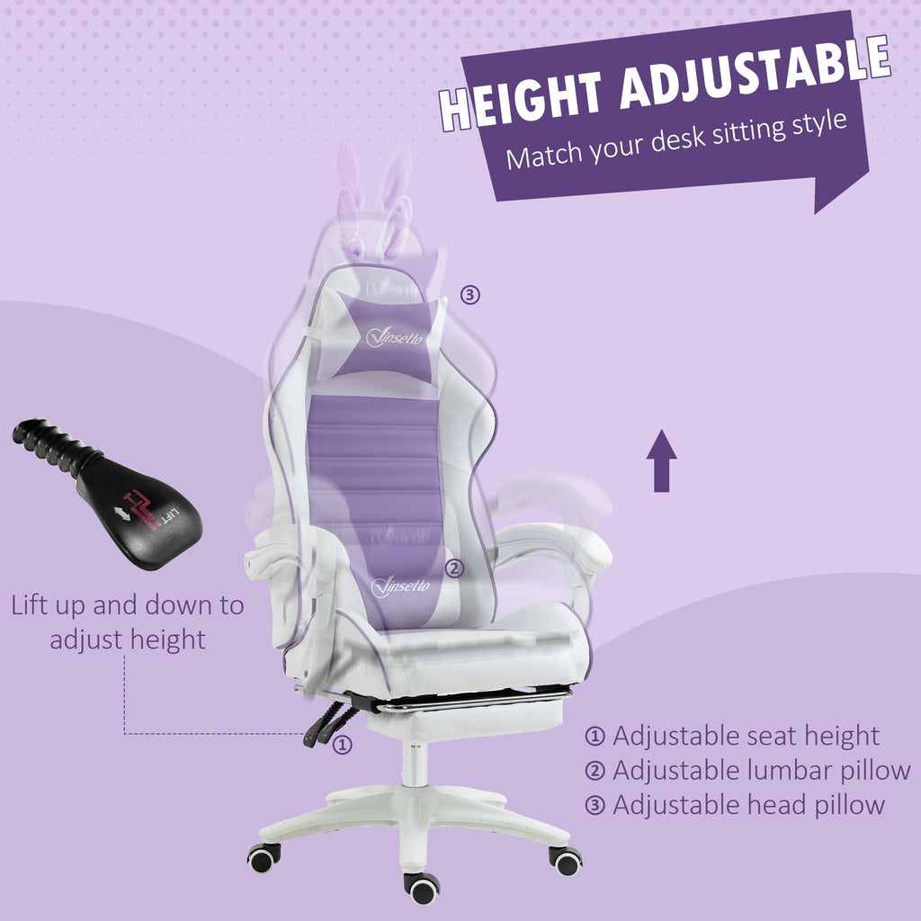Purple and white racing gaming chair with adjustable seat and lumbar support pillows.