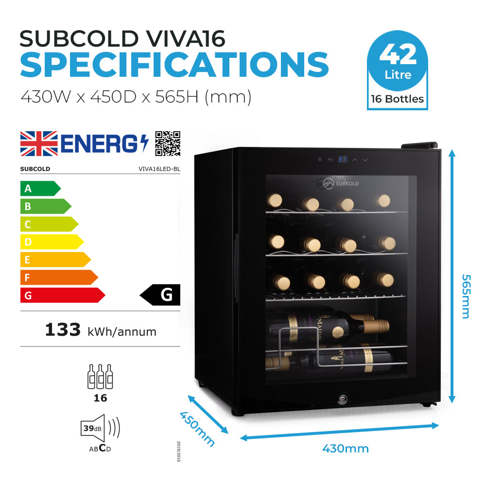 Black wine cooler with 16-bottle capacity and size dimensions diagram