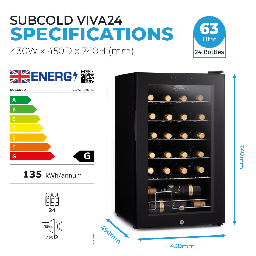 LED wine cooler shown with size diagram and bottle capacity label