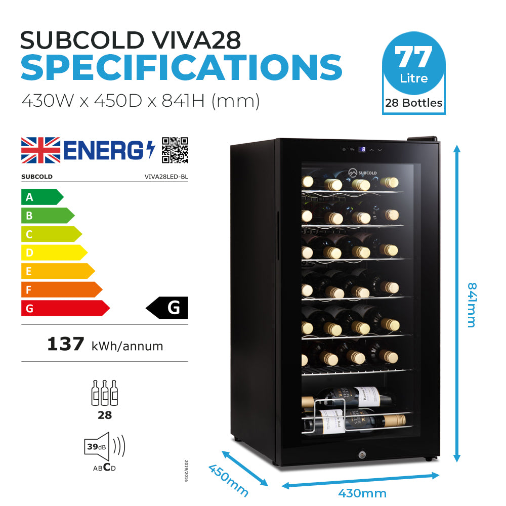 Wine cooler specifications graphic with capacity and dimensions beside product thumbnail