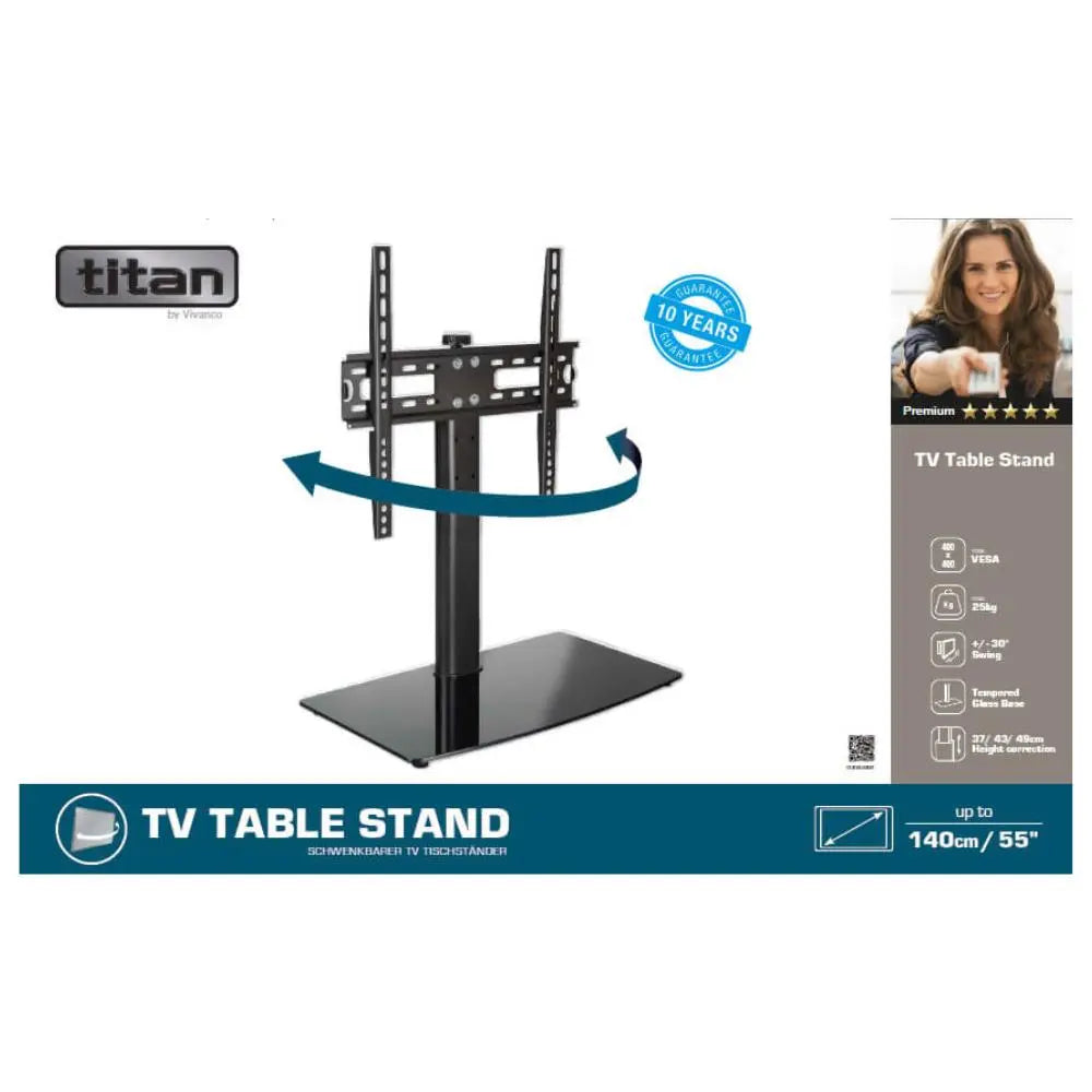TV table stand box showing black stand with VESA mount, tilt arrows, up to 55-inch