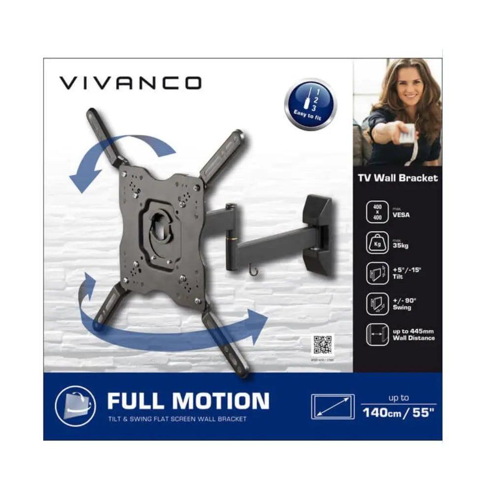Vivanco full motion TV wall bracket retail box with VESA icons and tilt motion graphic