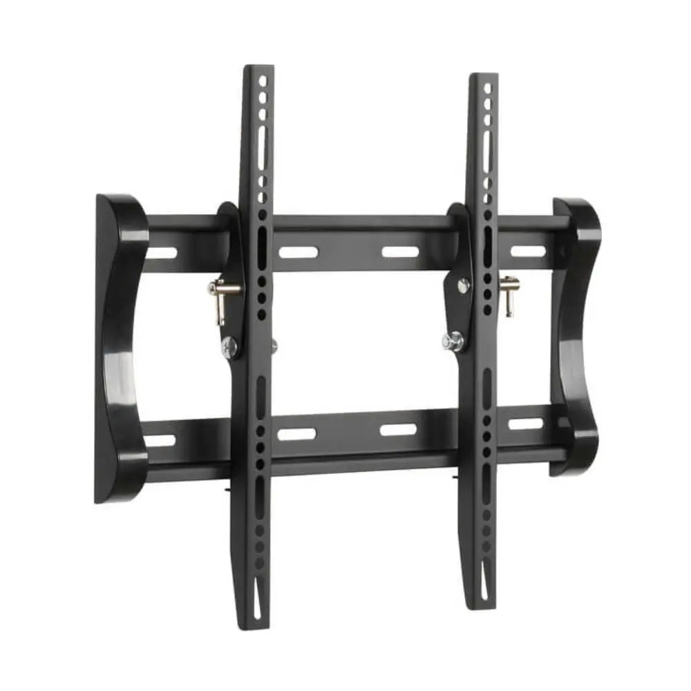 Tiltable TV wall mount bracket, black metal with VESA holes and mounting rails.