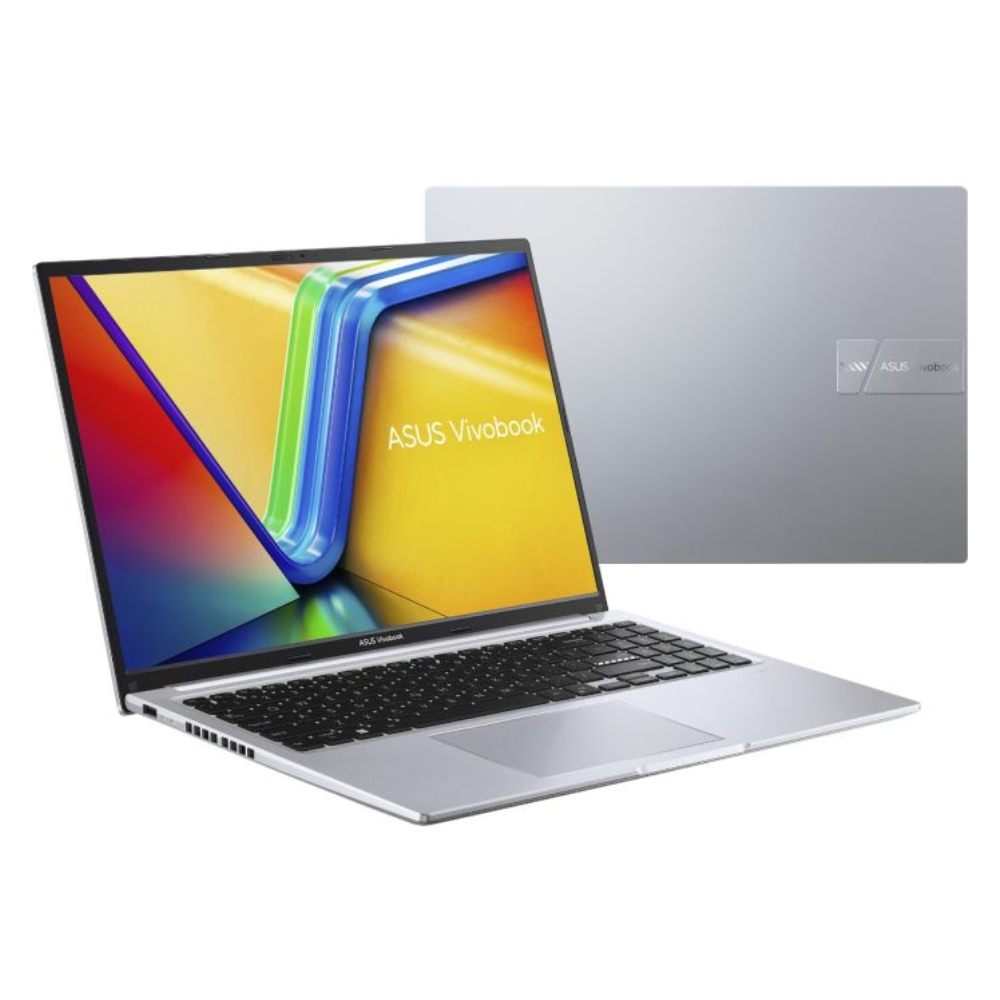 ASUS Vivobook 16 laptop, silver open design with colorful abstract display