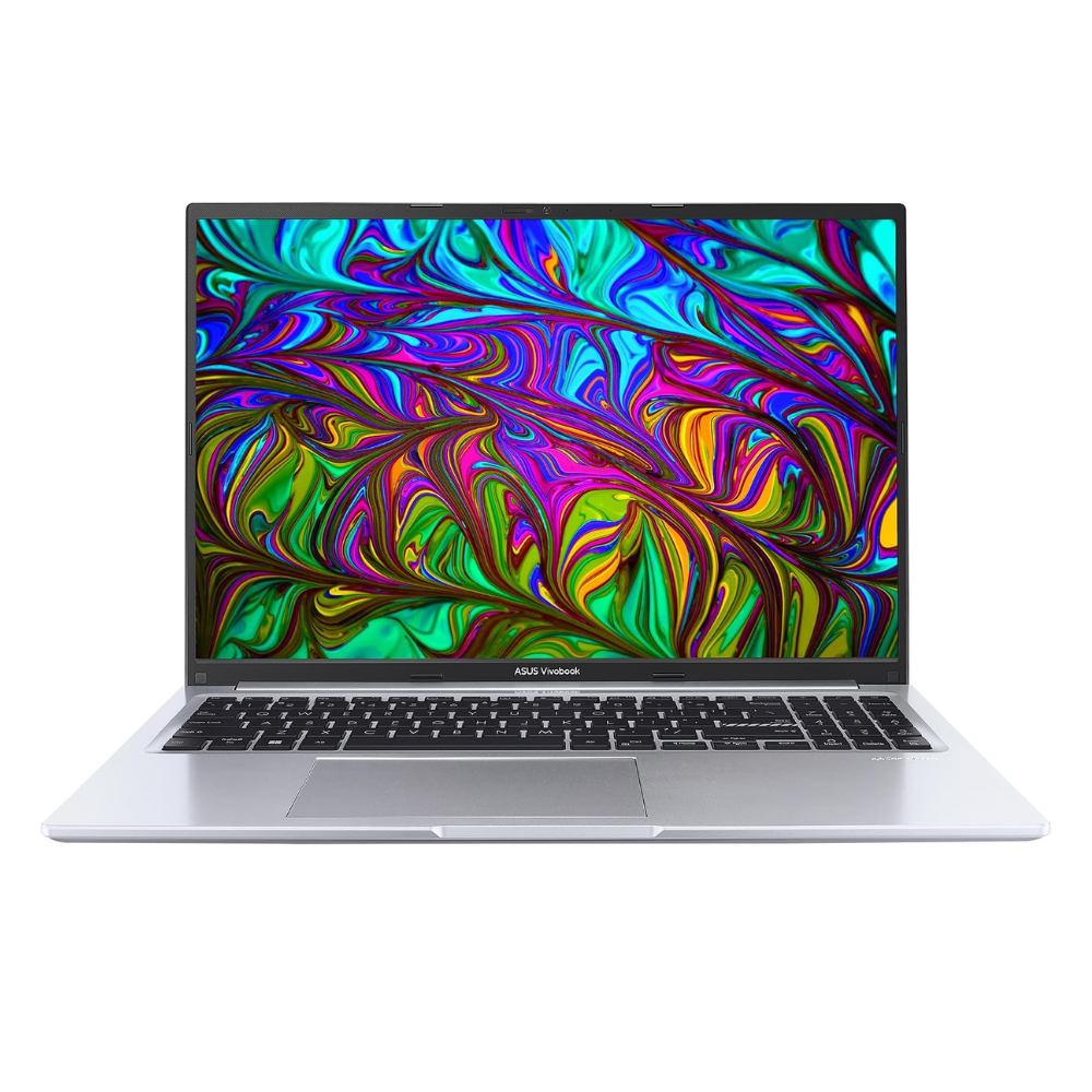 ASUS Vivobook 16 laptop with colorful abstract wallpaper on bright screen