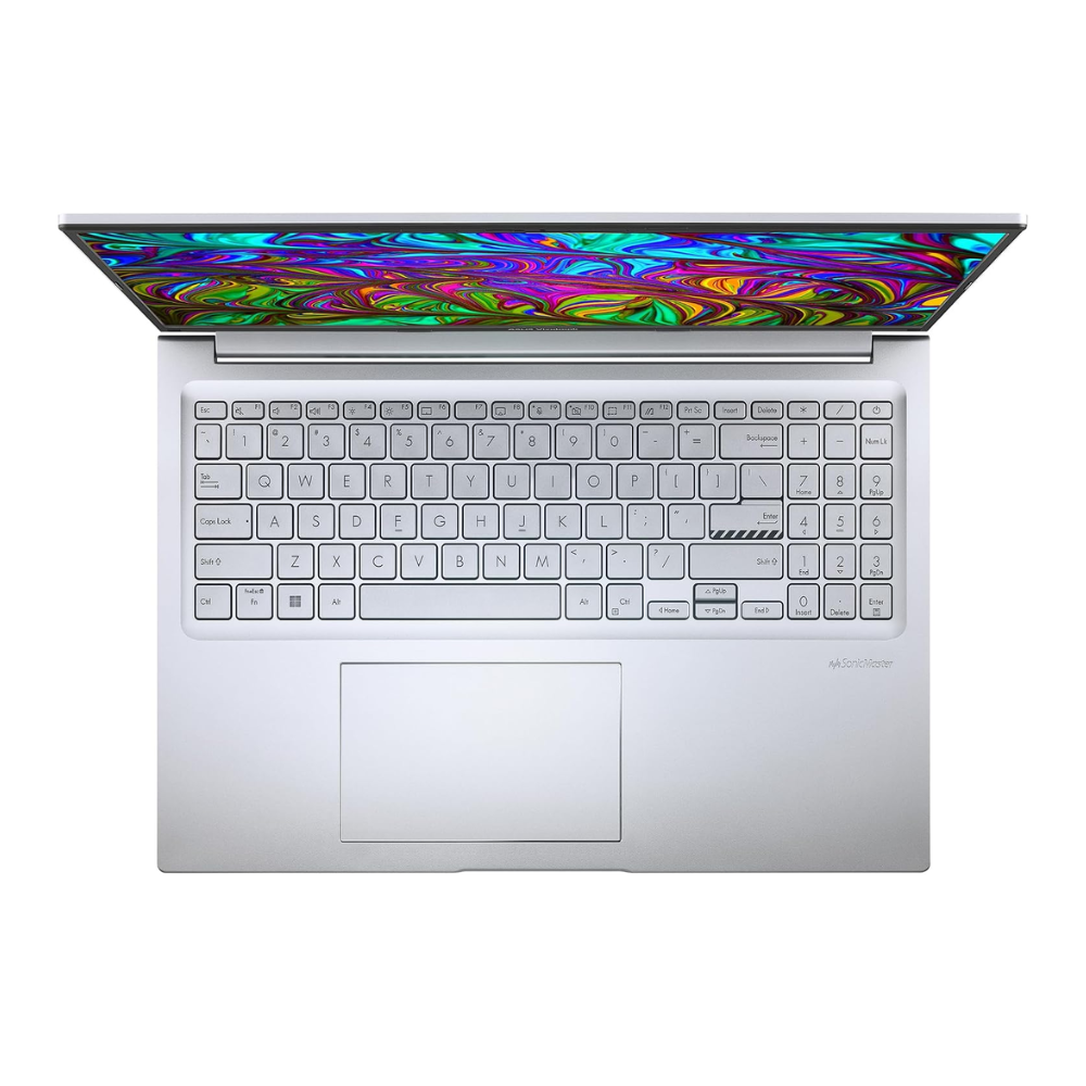 ASUS Vivobook 16 laptop showing keyboard and trackpad with colorful screen edge