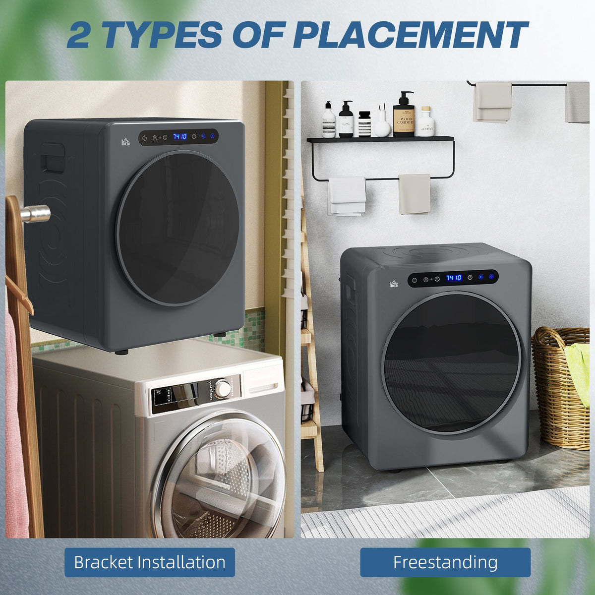 Grey tumble dryer shown for bracket installation and freestanding placement