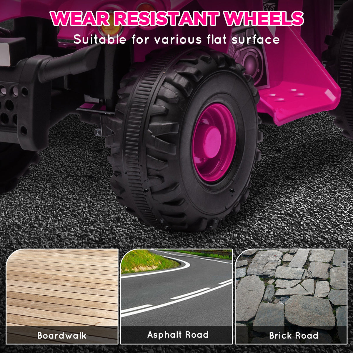 Pink kids electric quad bike close-up of a treaded wheel and front frame