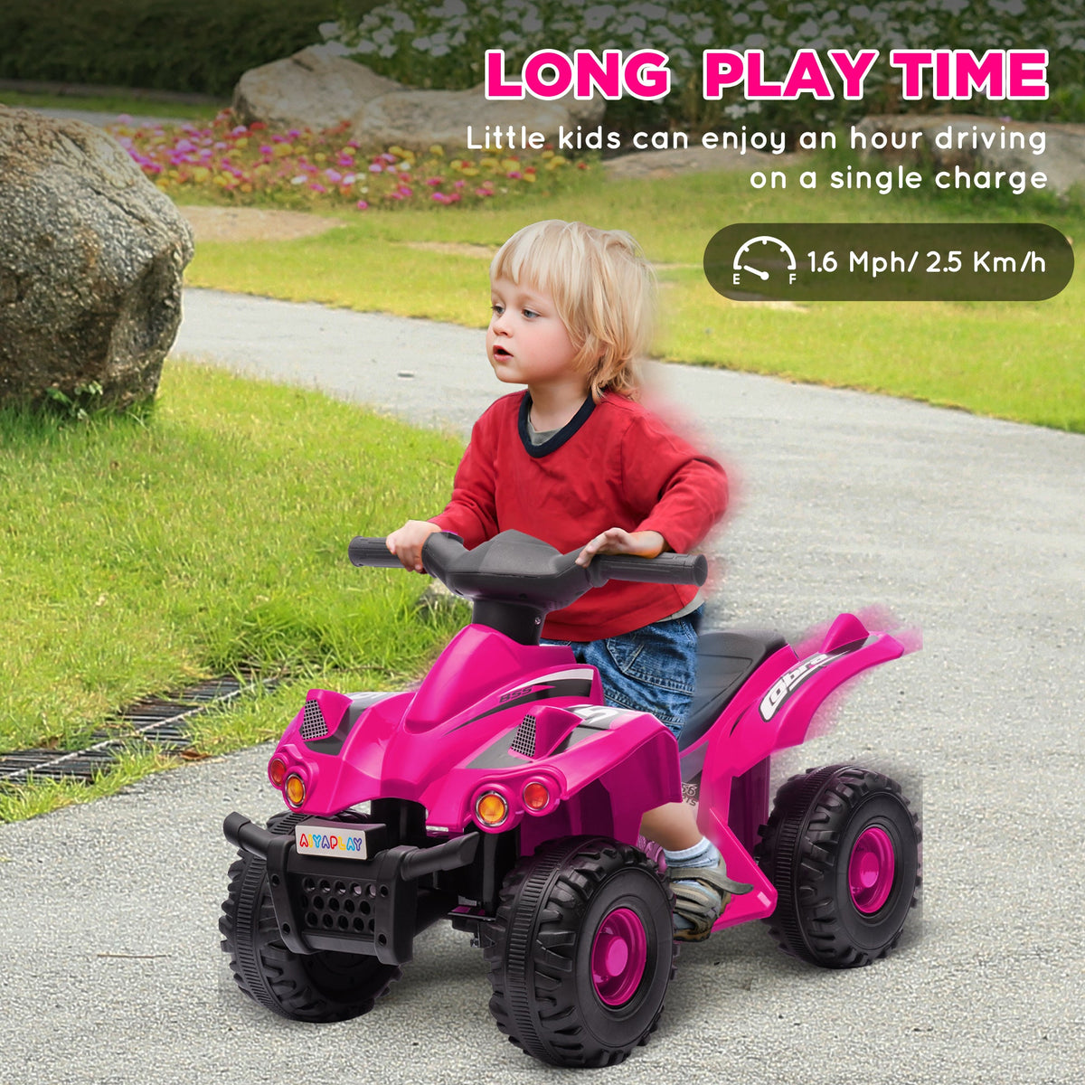 Pink kids electric quad bike with knobby tires and front headlights
