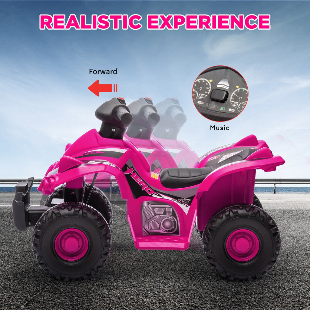 Pink kids electric quad bike front view with red wheel accents and control display