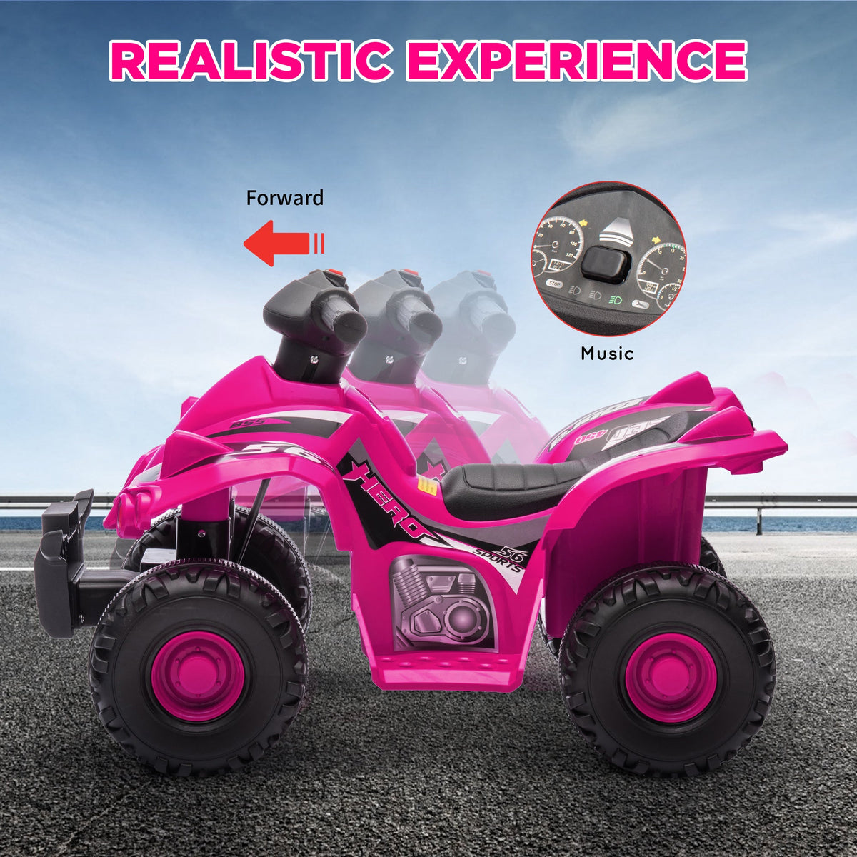 Pink kids electric quad bike front view with red wheel accents and control display