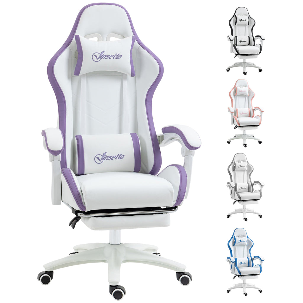 White and purple PU gaming chair with headrest, lumbar pad, and footrest