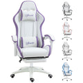 White and purple PU gaming chair with headrest, lumbar pad, and footrest