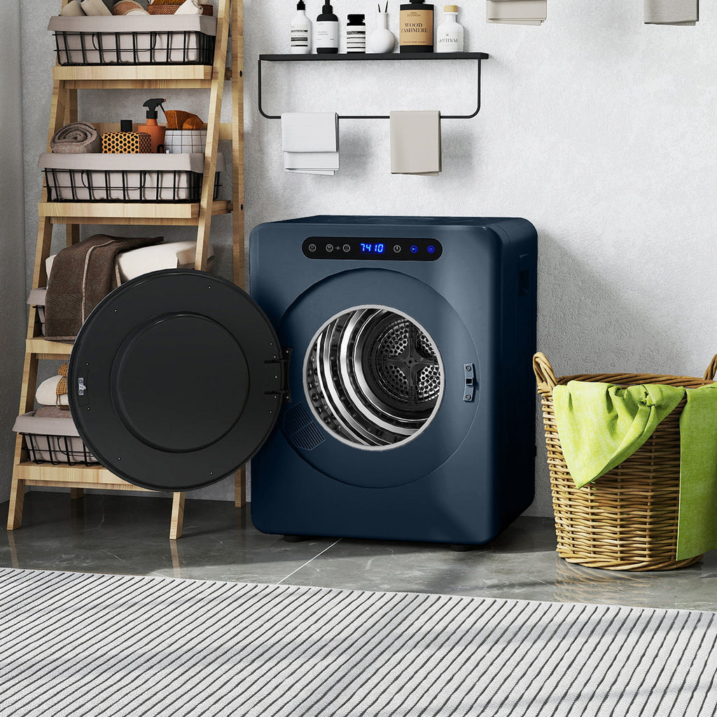 Blue compact tumble dryer with open door, showing the interior drum