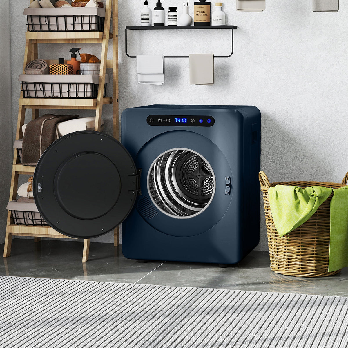 Blue compact tumble dryer with open door, showing the interior drum