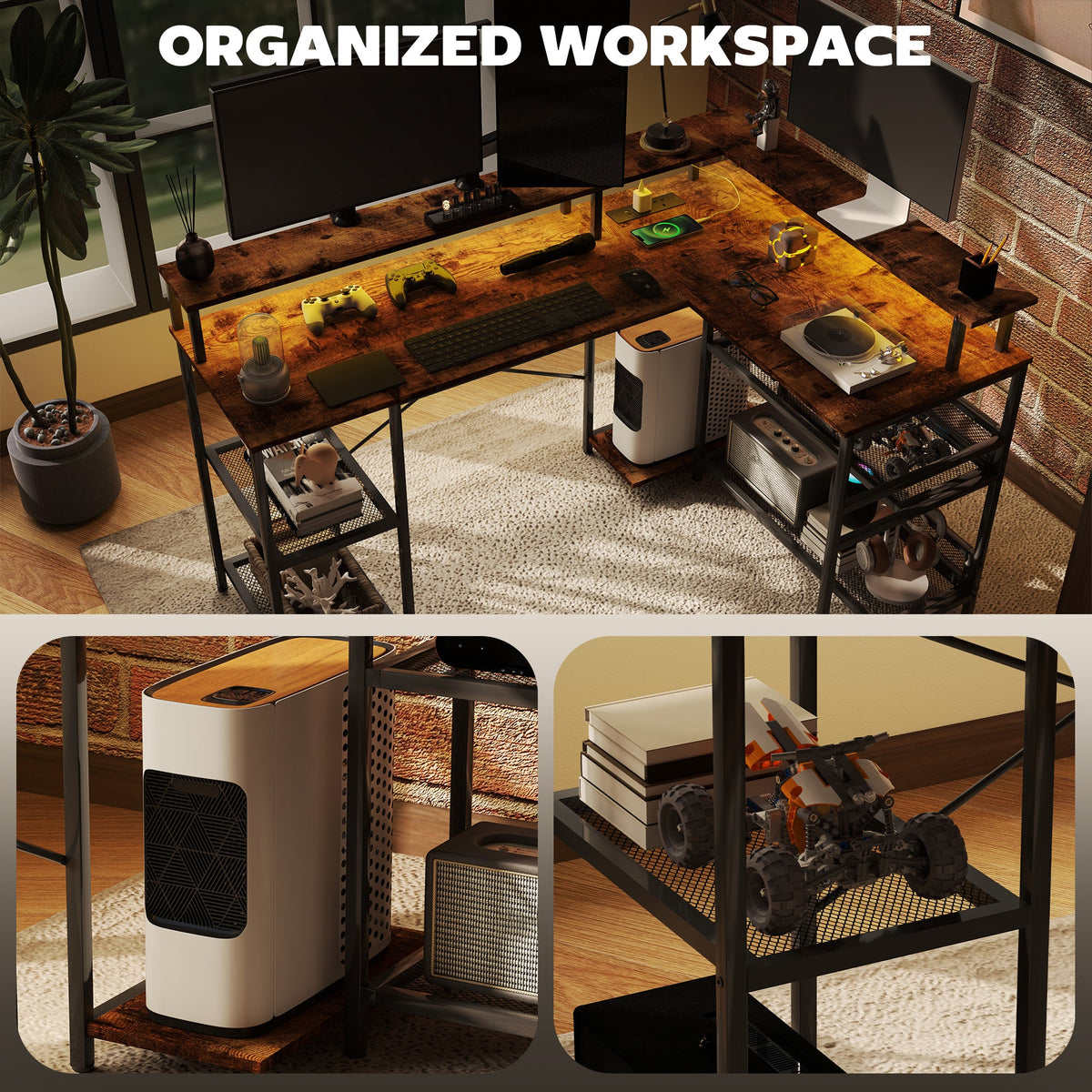L-shaped rustic brown desk with keyboard tray, dual monitor setup, and side storage shelves