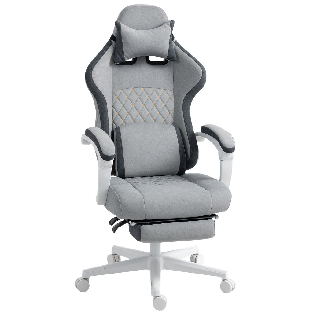 Grey high-back chair with headrest, padded arms, and diamond tufted lumbar panel