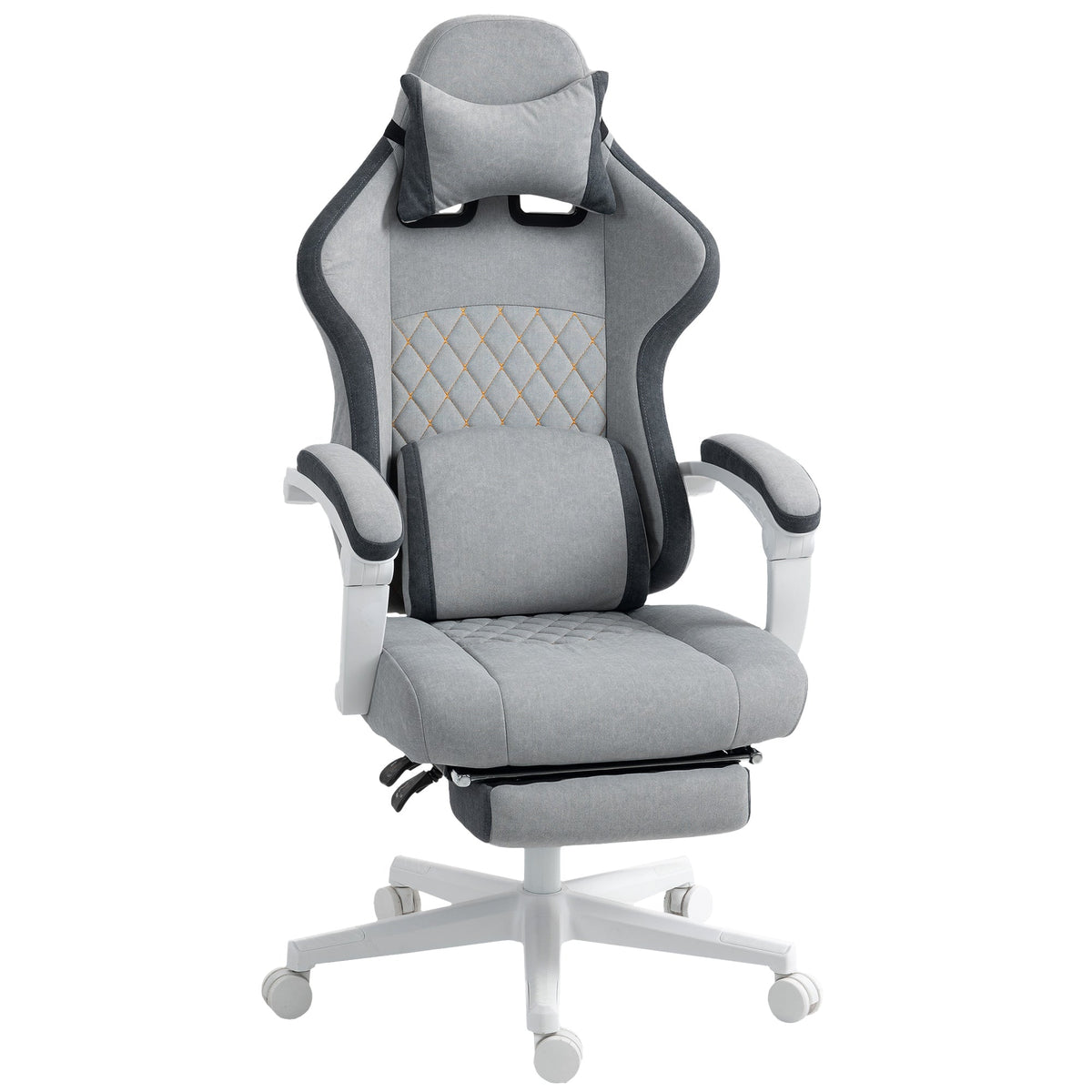 Grey high-back chair with headrest, padded arms, and diamond tufted lumbar panel