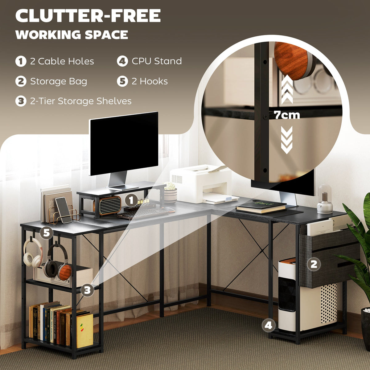 Black L-shaped desk with cable holes, storage shelves, hooks, and a storage bag