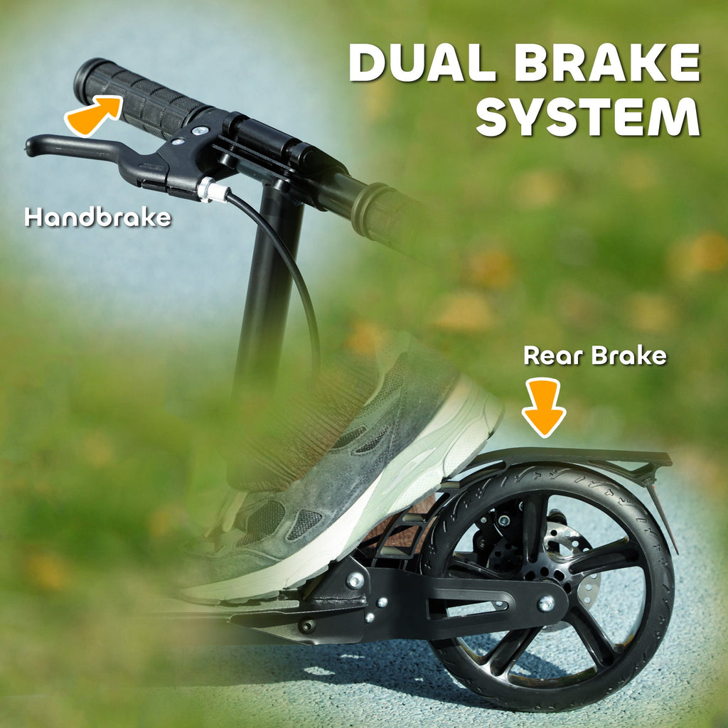 Dual-brake kids scooter handlebar with front hand brake and black front wheel assembly