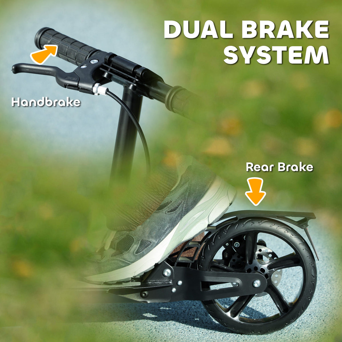 Dual-brake kids scooter handlebar with front hand brake and black front wheel assembly