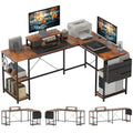 HOMCOM reversible L-shaped desk in rustic brown with dual monitor stands and storage drawers