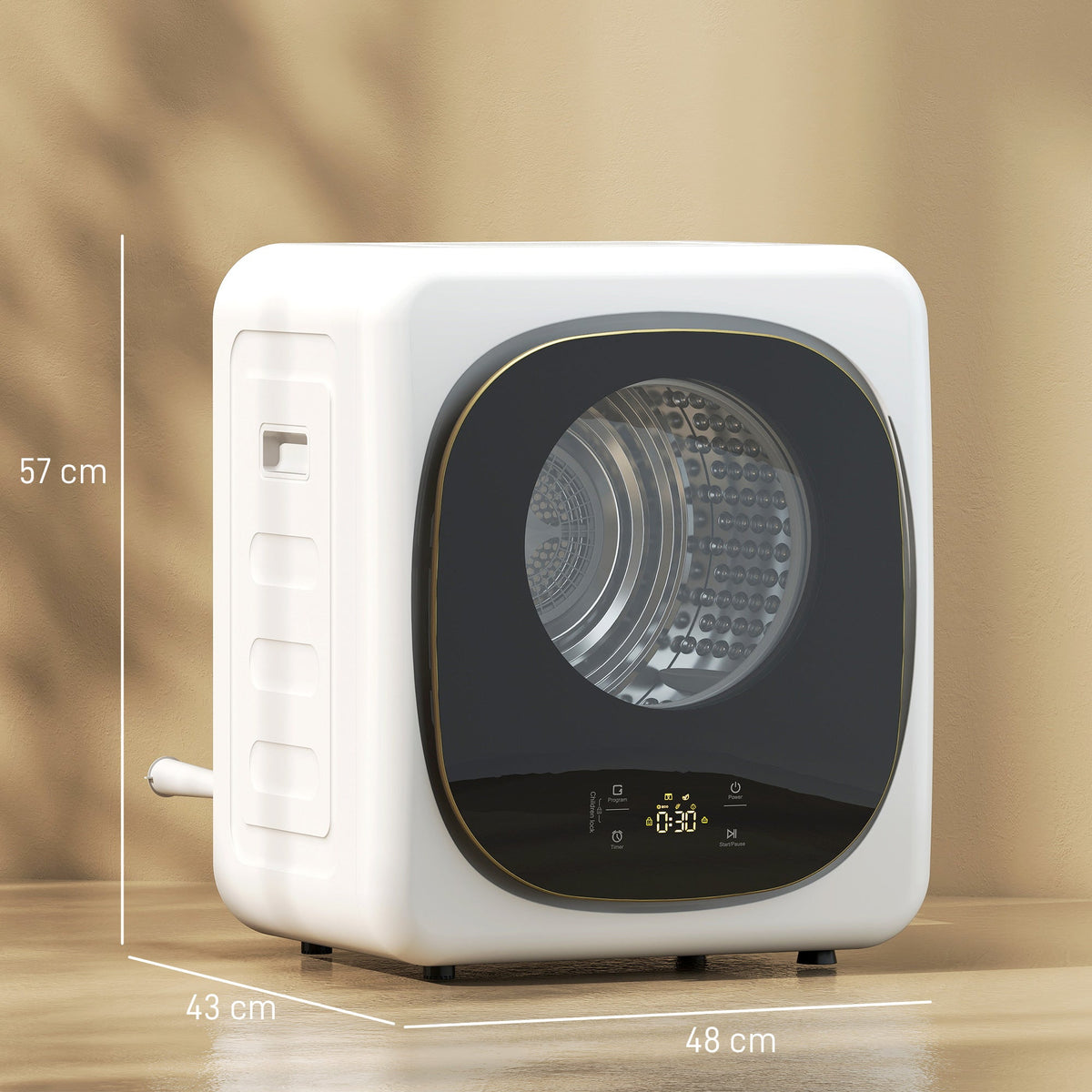 White compact tumble dryer front view with circular drum window and control panel