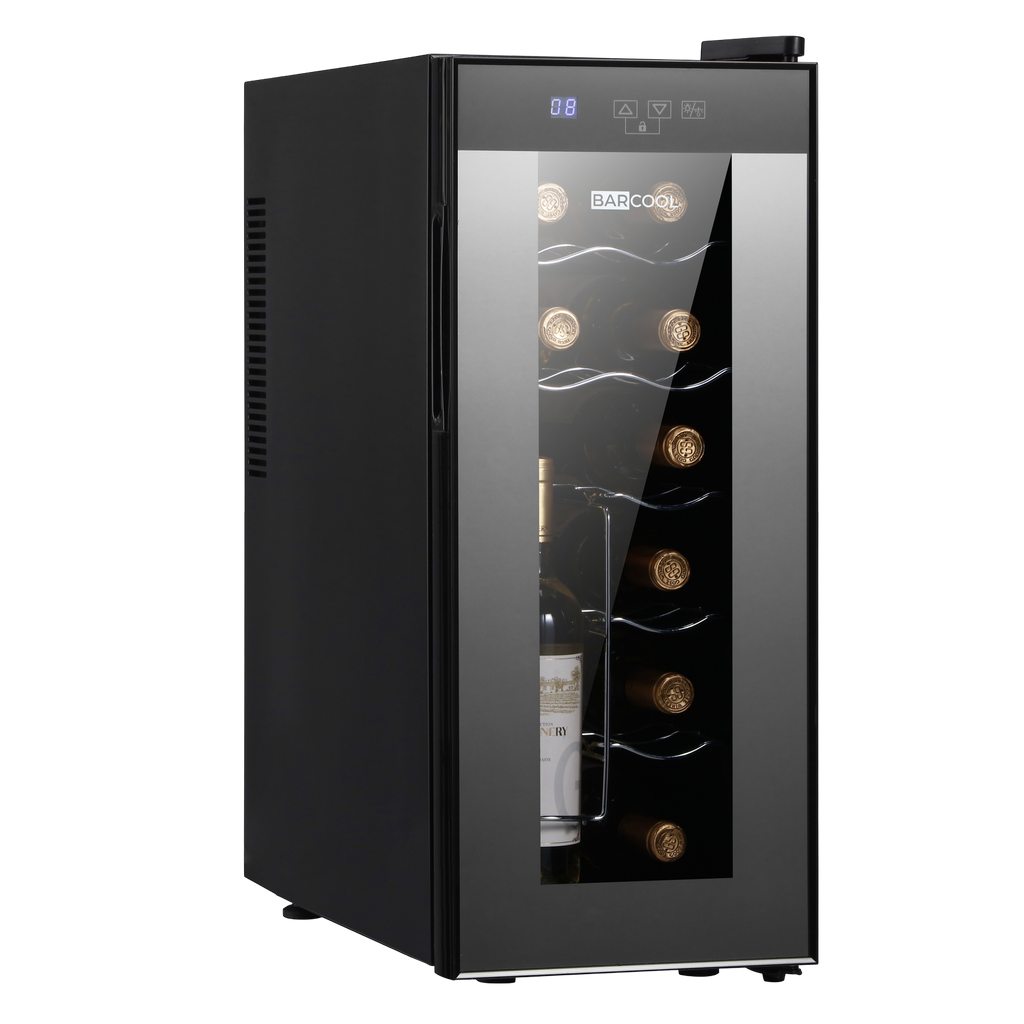 Slim LED wine cooler with glass door, black exterior, and bottle storage racks