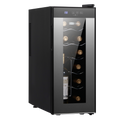 Slim LED wine cooler with glass door, black exterior, and bottle storage racks