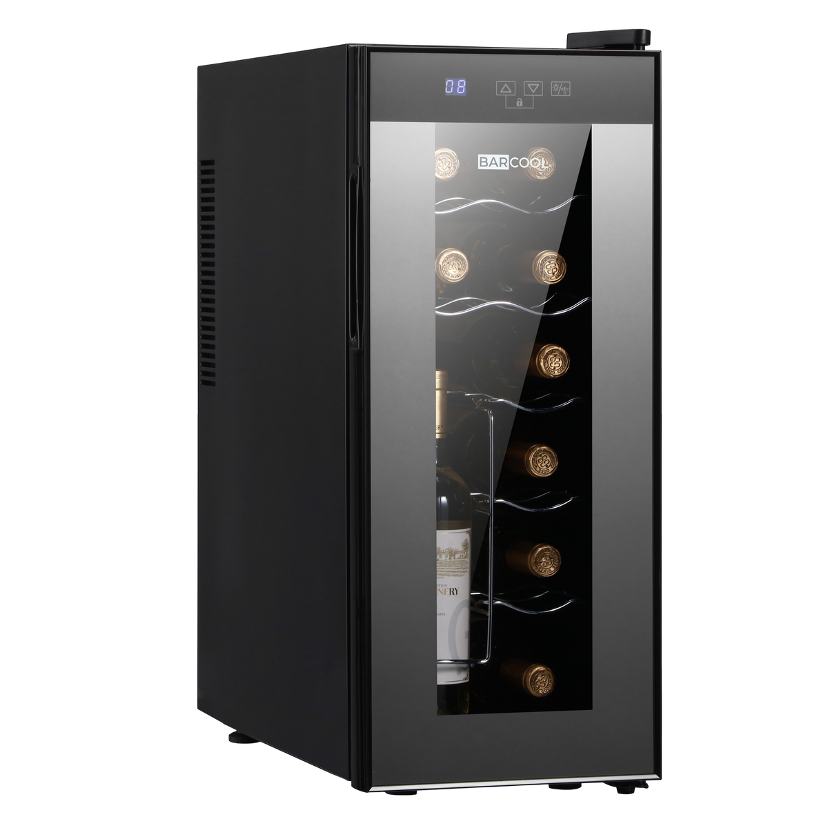 Slim LED wine cooler with glass door, black exterior, and bottle storage racks