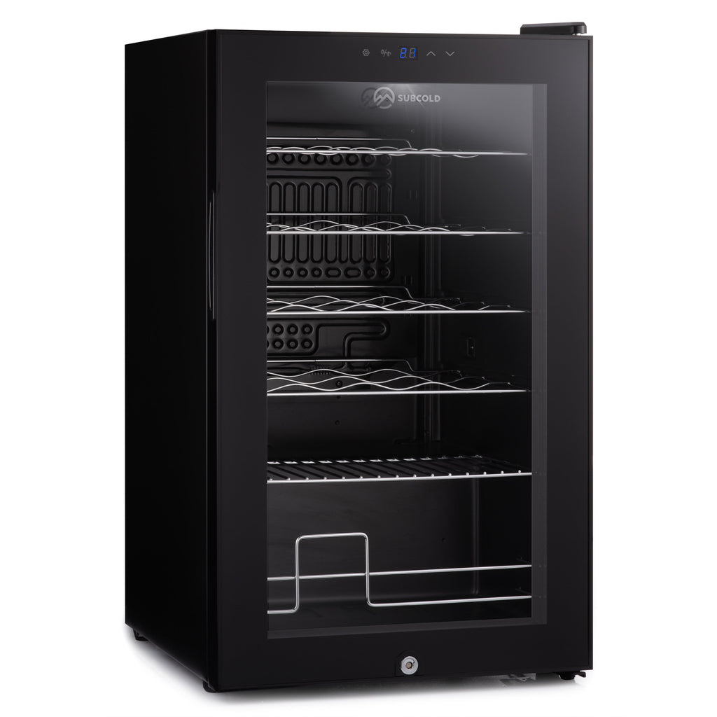 Black wine cooler cabinet with clear door and empty wire shelves