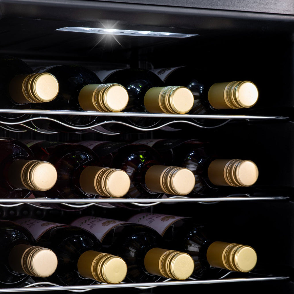 LED-lit wine cooler interior with bottles displayed on horizontal wire shelves