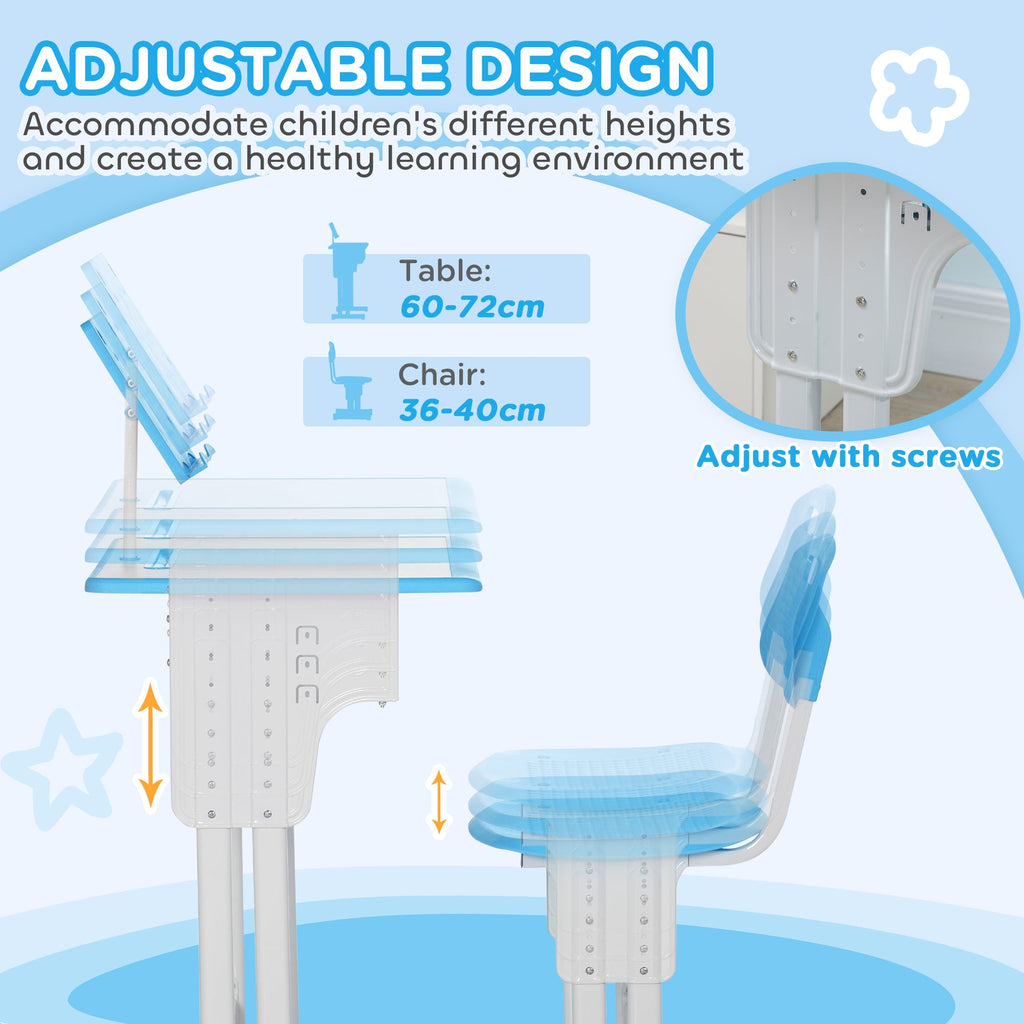 Kids adjustable desk and chair set with screw-adjusted legs and blue chair seat