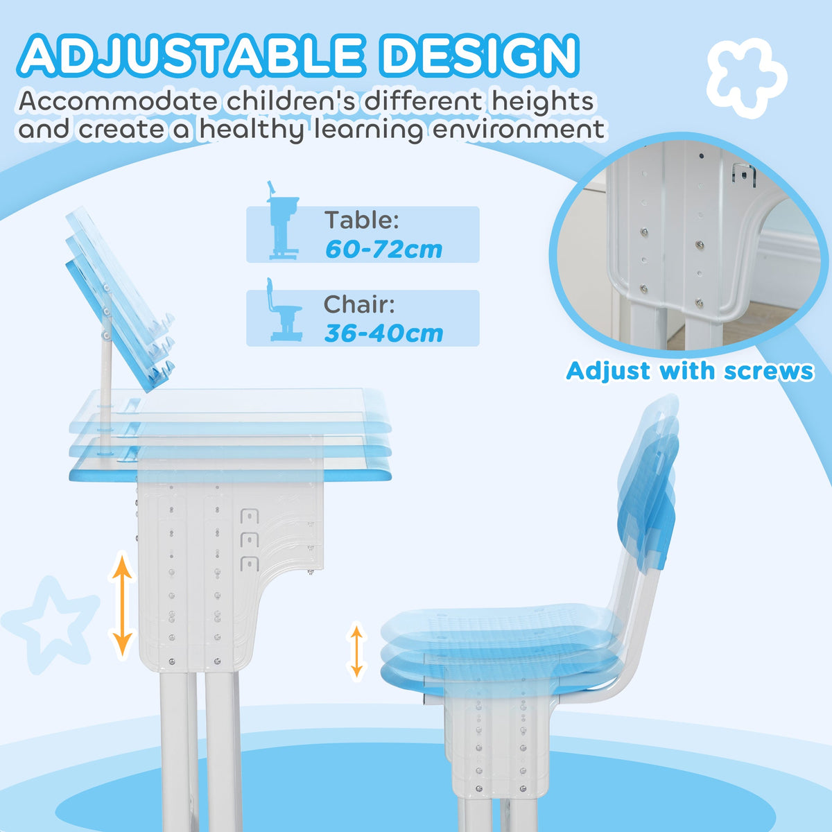 Kids adjustable desk and chair set with screw-adjusted legs and blue chair seat