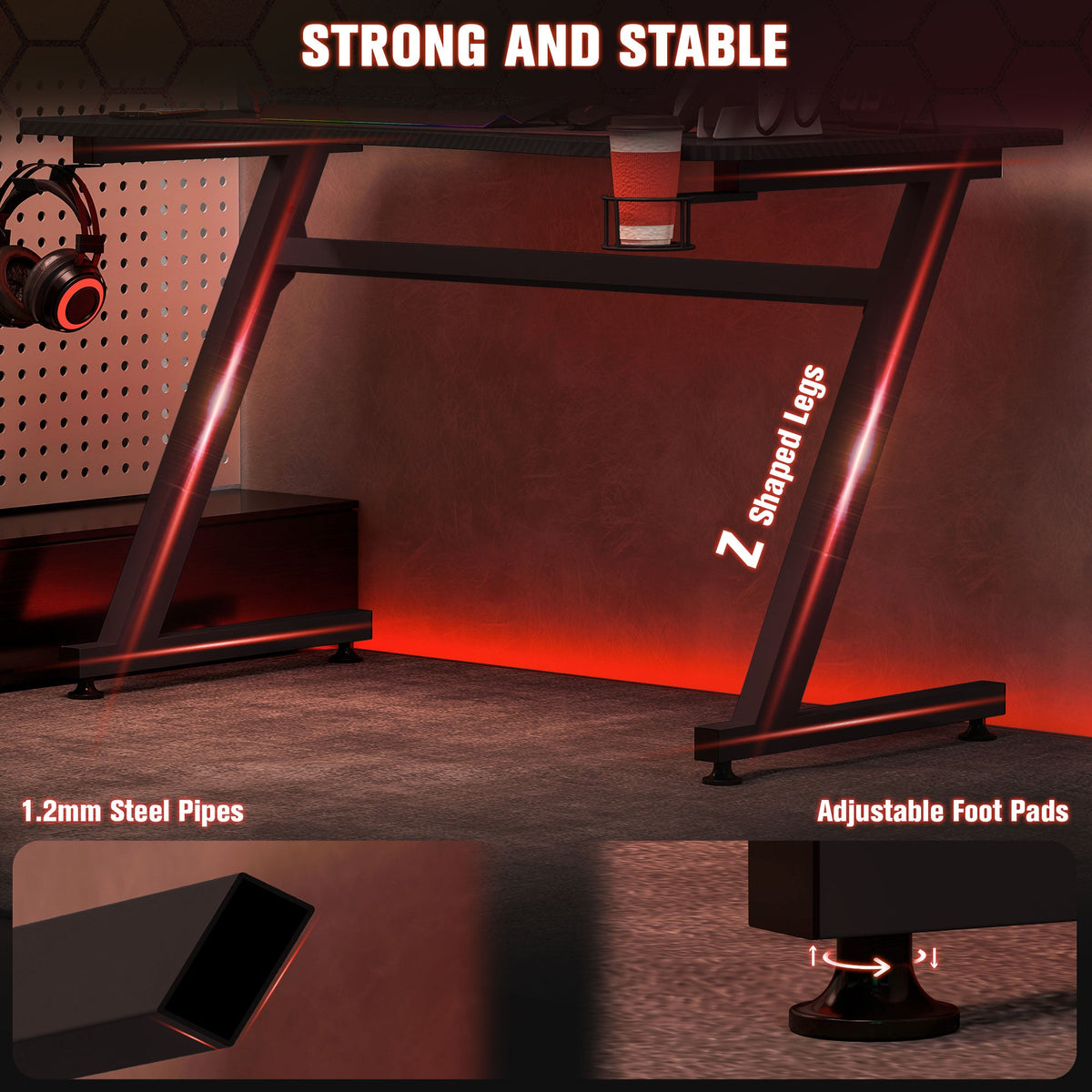 Black gaming desk with sturdy steel frame, adjustable foot pads, and stable base