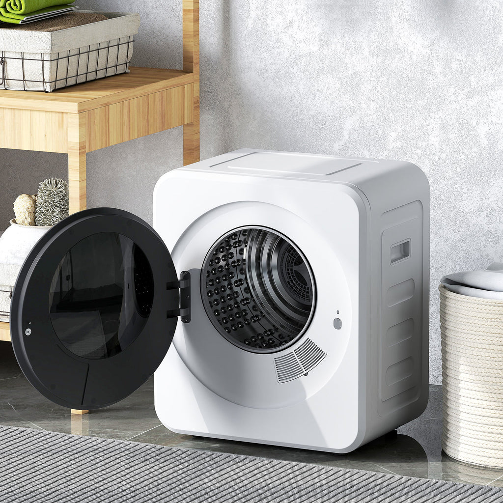 White compact tumble dryer with open front door and drum view through glass window